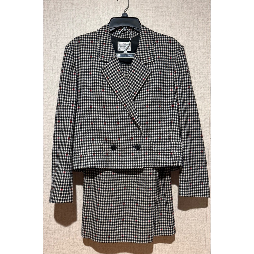 Vintage Pendleton Wool Skirt Suit Set Houndstooth Plaid Cropped Blazer Black Red